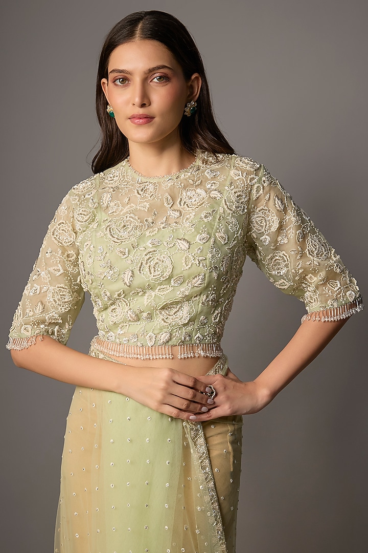 Mint Green Net & Organza Floral Embroidered Reception Saree Set by COUTURE BY NIHARIKA at Pernia's Pop Up Shop